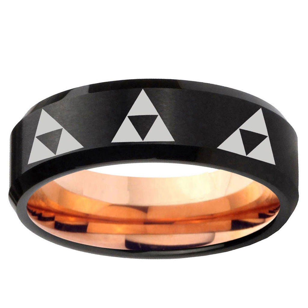 5mm Multi Zelda Triforce Two-Tone Beveled Black Rose Gold Tungsten Band