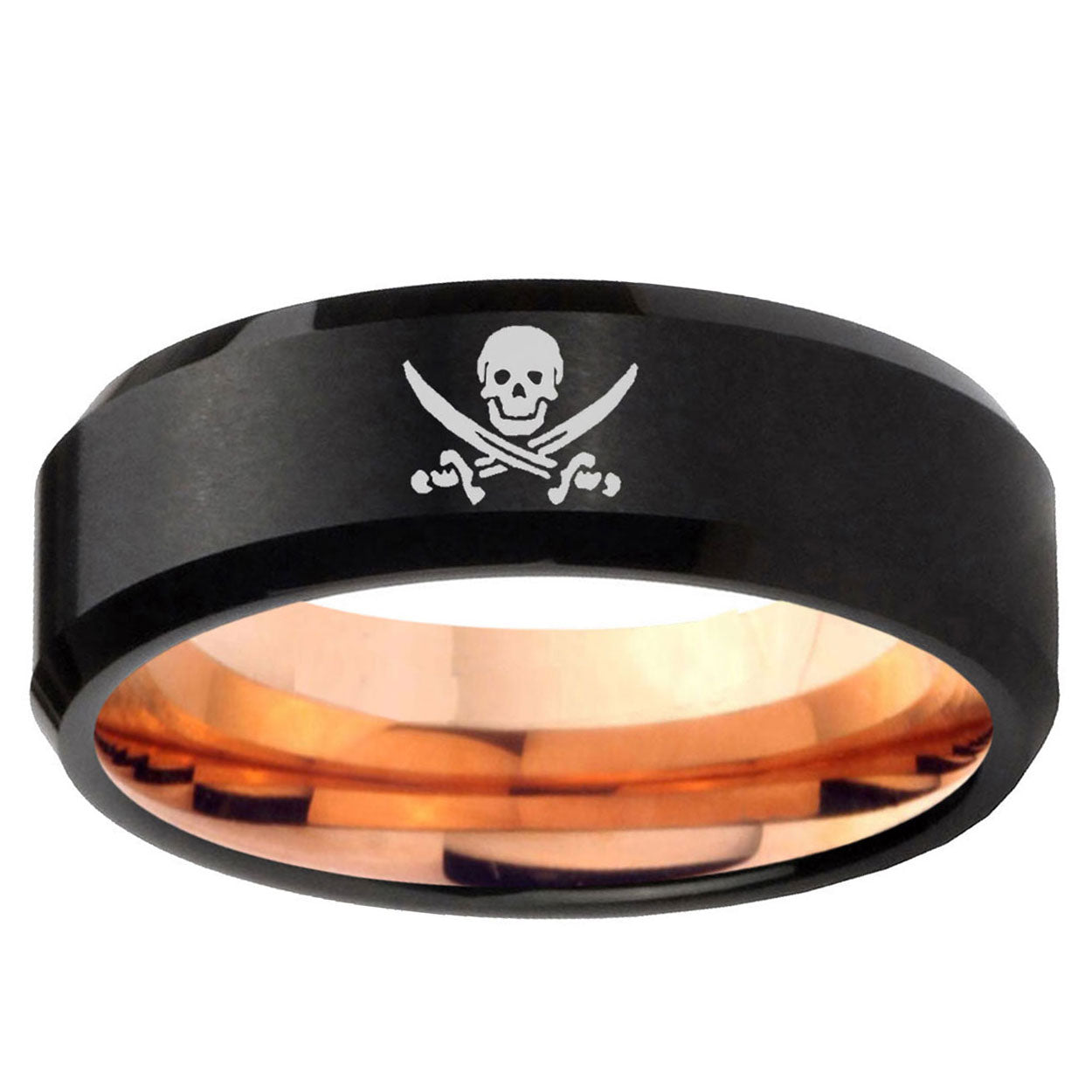 5mm Skull Pirate Two-Tone Beveled Black Rose Gold Tungsten Band
