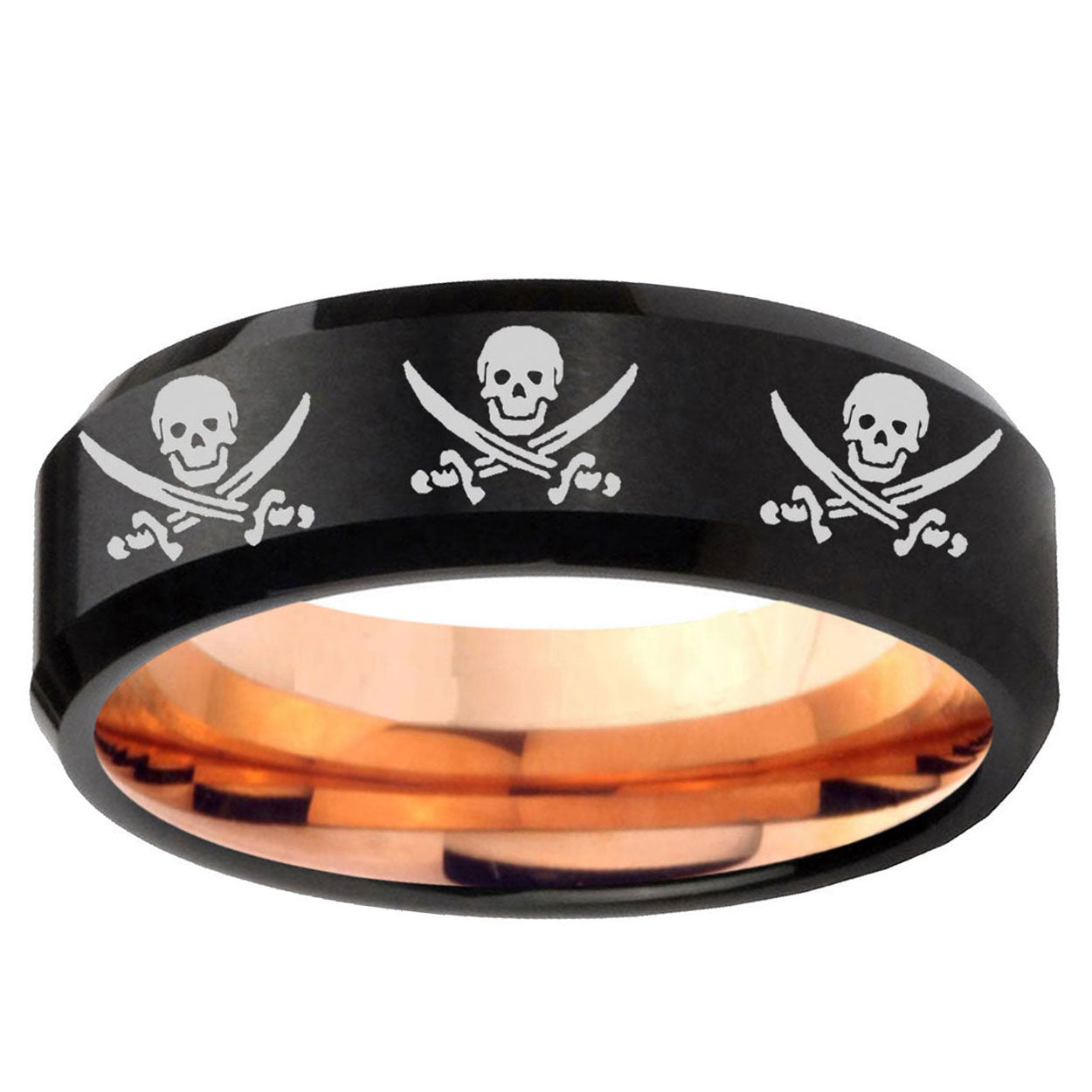 5mm Multi Skull Pirate Two-Tone Beveled Black Rose Gold Tungsten Band
