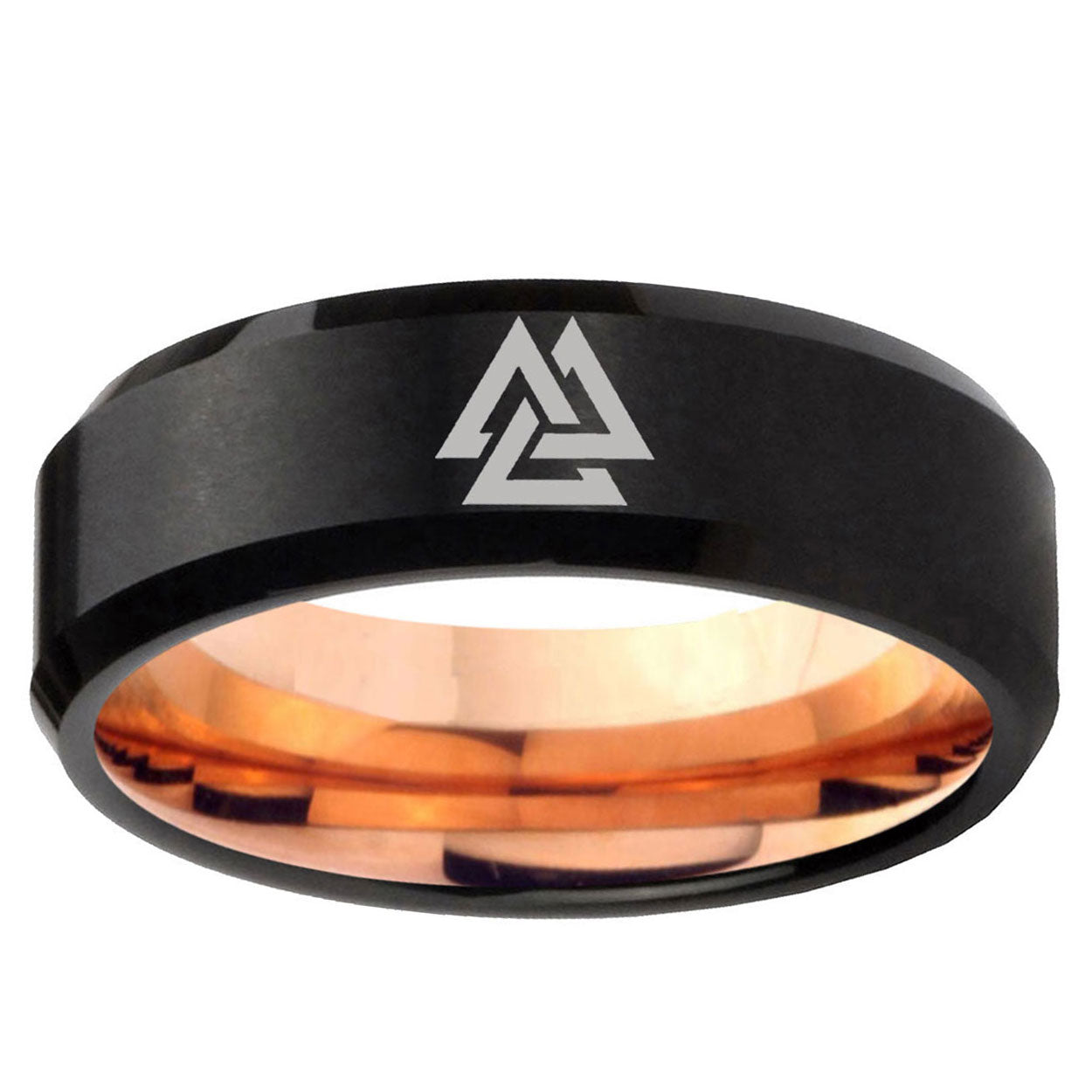 5mm Viking Symbol Two-Tone Beveled Black Rose Gold Tungsten Band