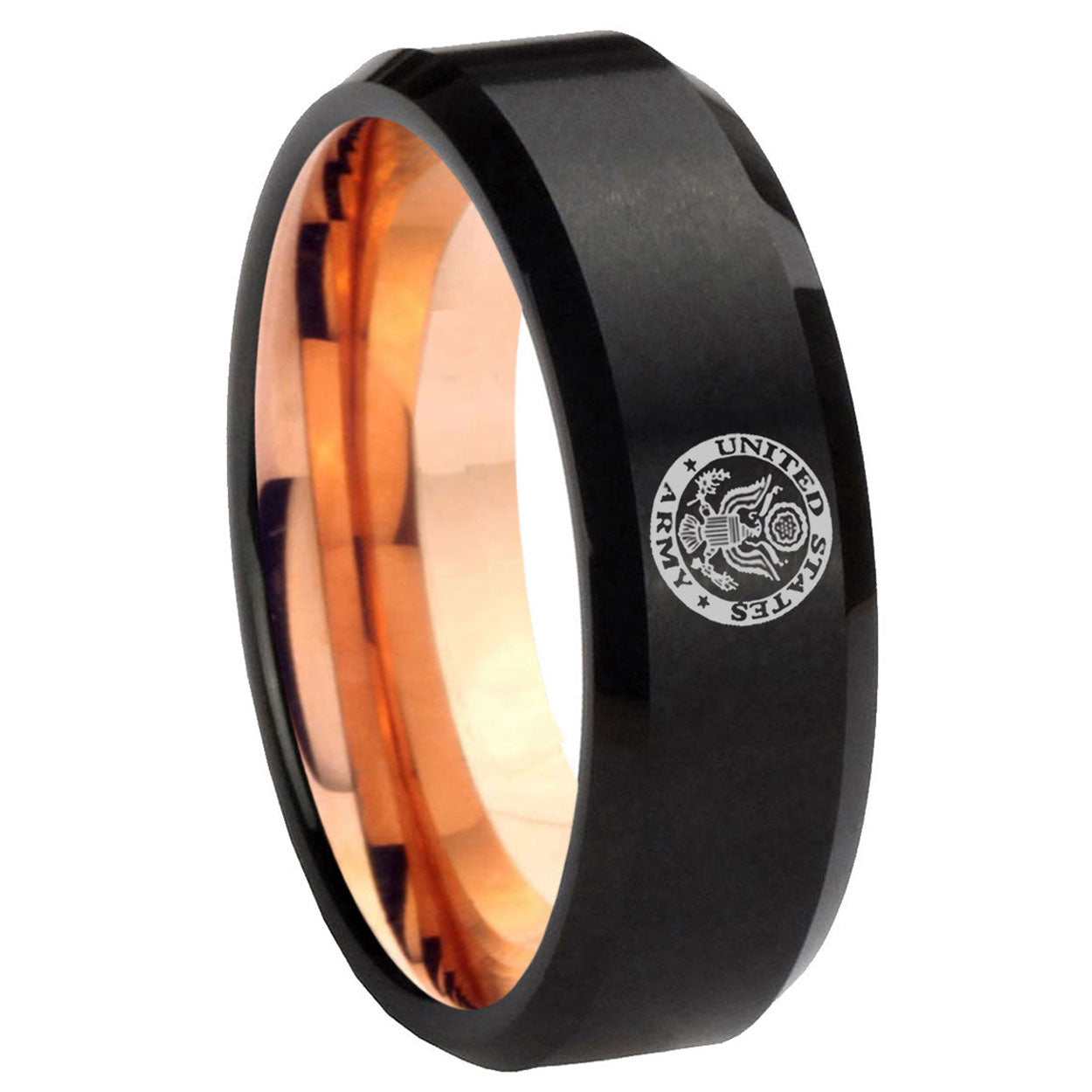 8mm U.S. Army Two-Tone Beveled Black Rose Gold Tungsten Band