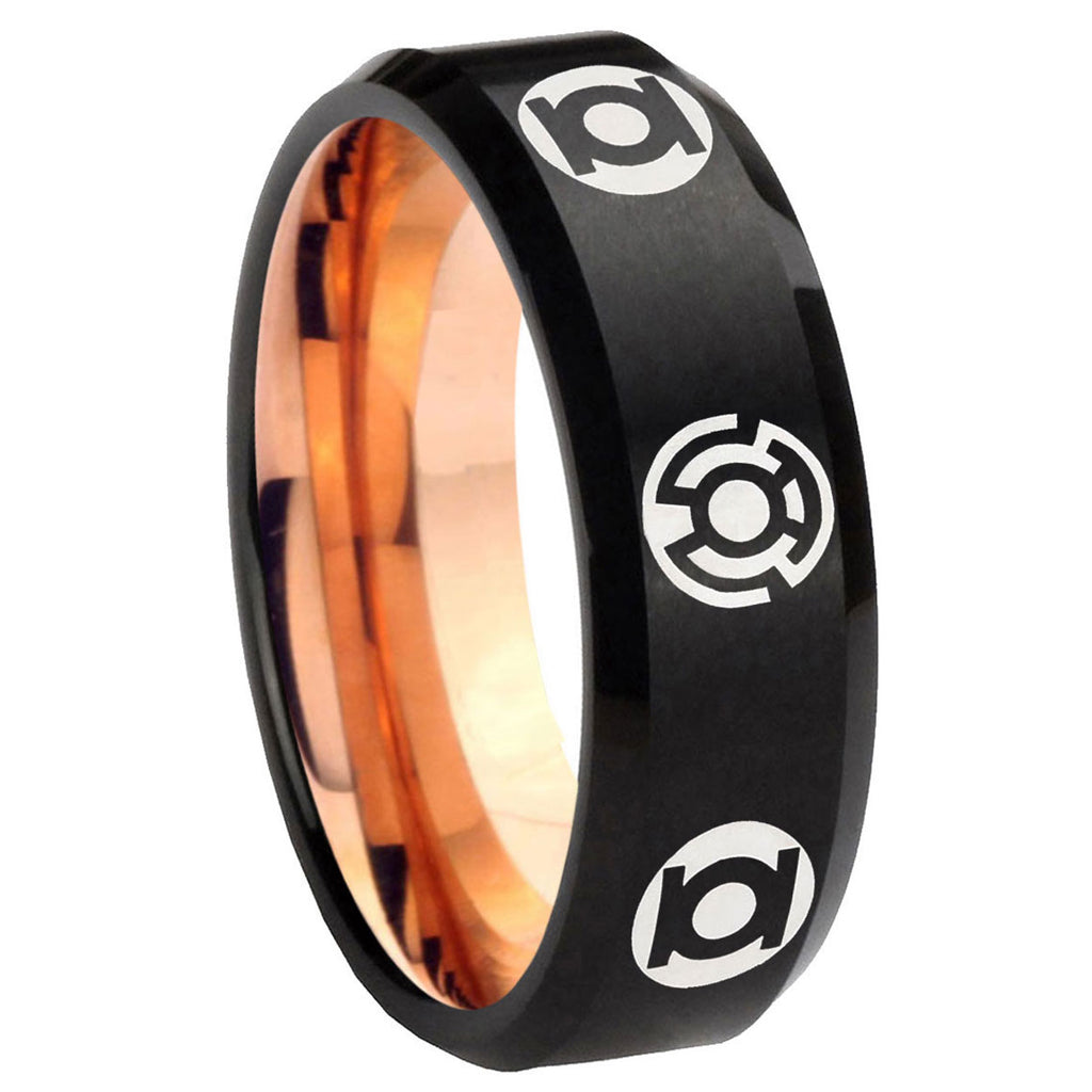 8mm Blue Green Lantern Two-Tone Beveled Black Rose Gold Tungsten Band