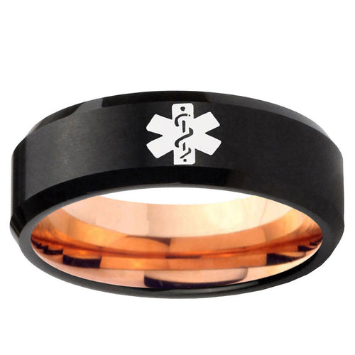 10mm Medical Alert Bevel Tungsten Carbide Rose Gold Men's Wedding Ring