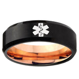 5, 8mm Medical Alert Bevel Tungsten Carbide Rose Gold Mens Ring Engraved