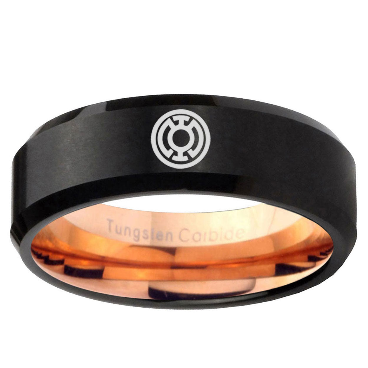 5mm Blue Lantern Two-Tone Beveled Black Rose Gold Tungsten Band