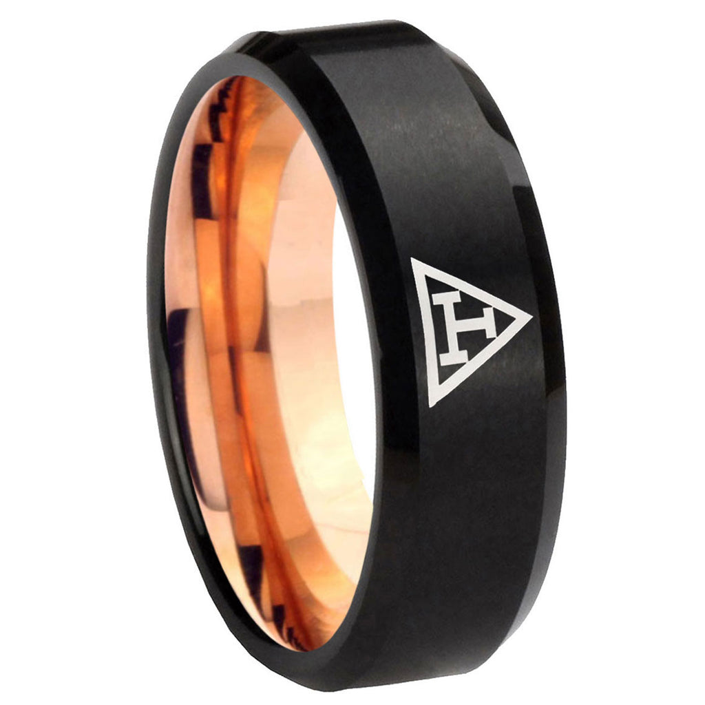 8mm Masonic Triple Two-Tone Beveled Black Rose Gold Tungsten Band