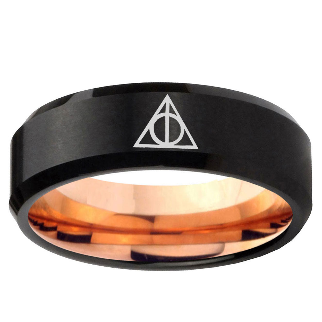 10mm Deathly Hallows Bevel Tungsten Rose Gold Wedding Band Mens