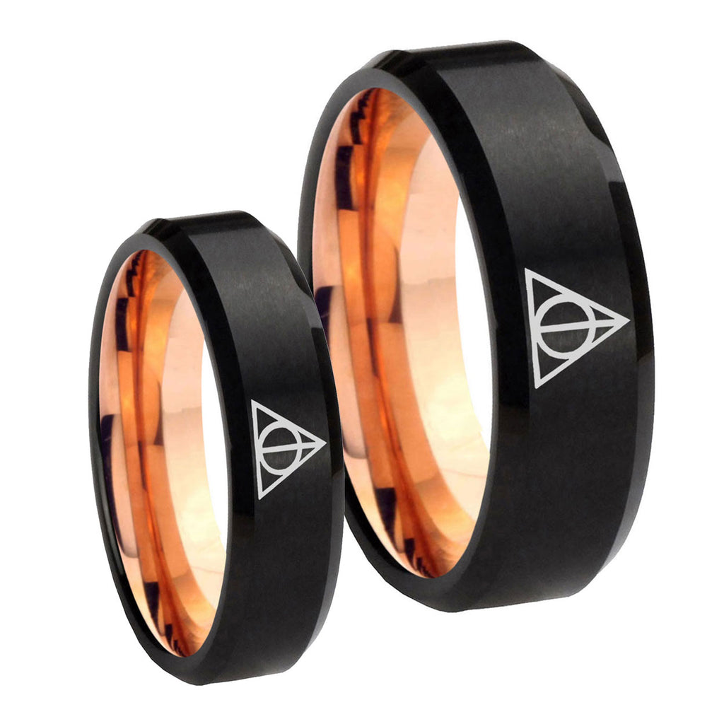 Deathly Hallows Bevel Rose Gold Tungsten His Hers Set Rings