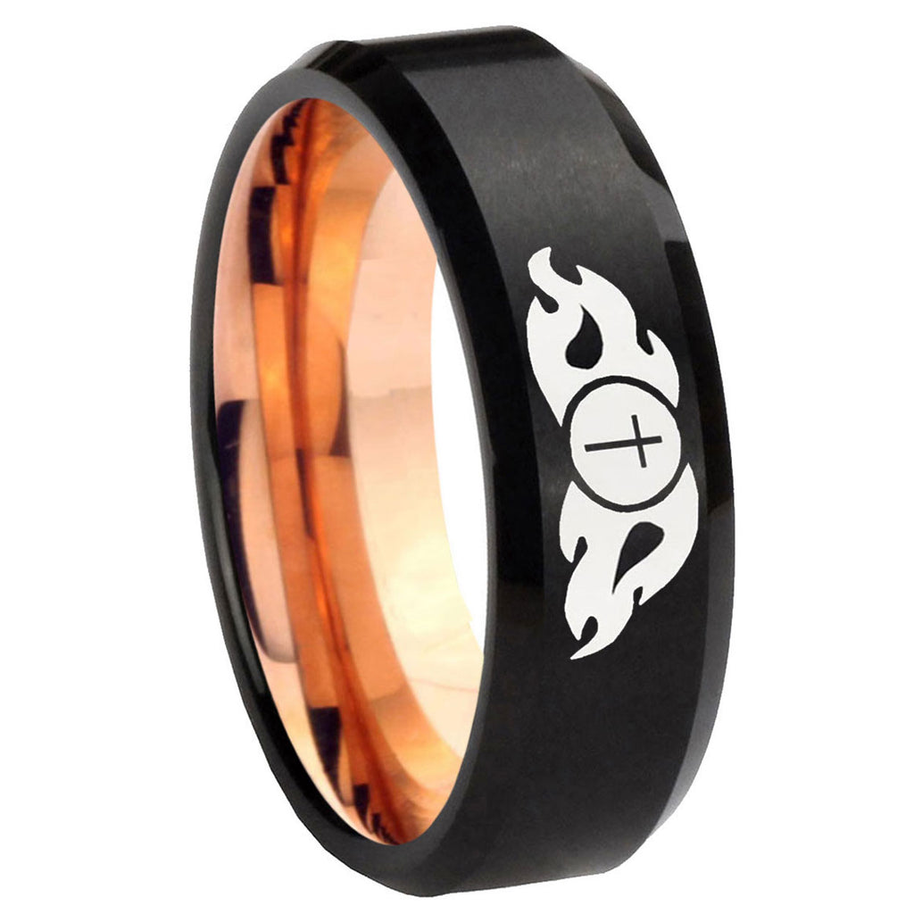 8mm Flamed Cross Two-Tone Beveled Black Rose Gold Tungsten Band