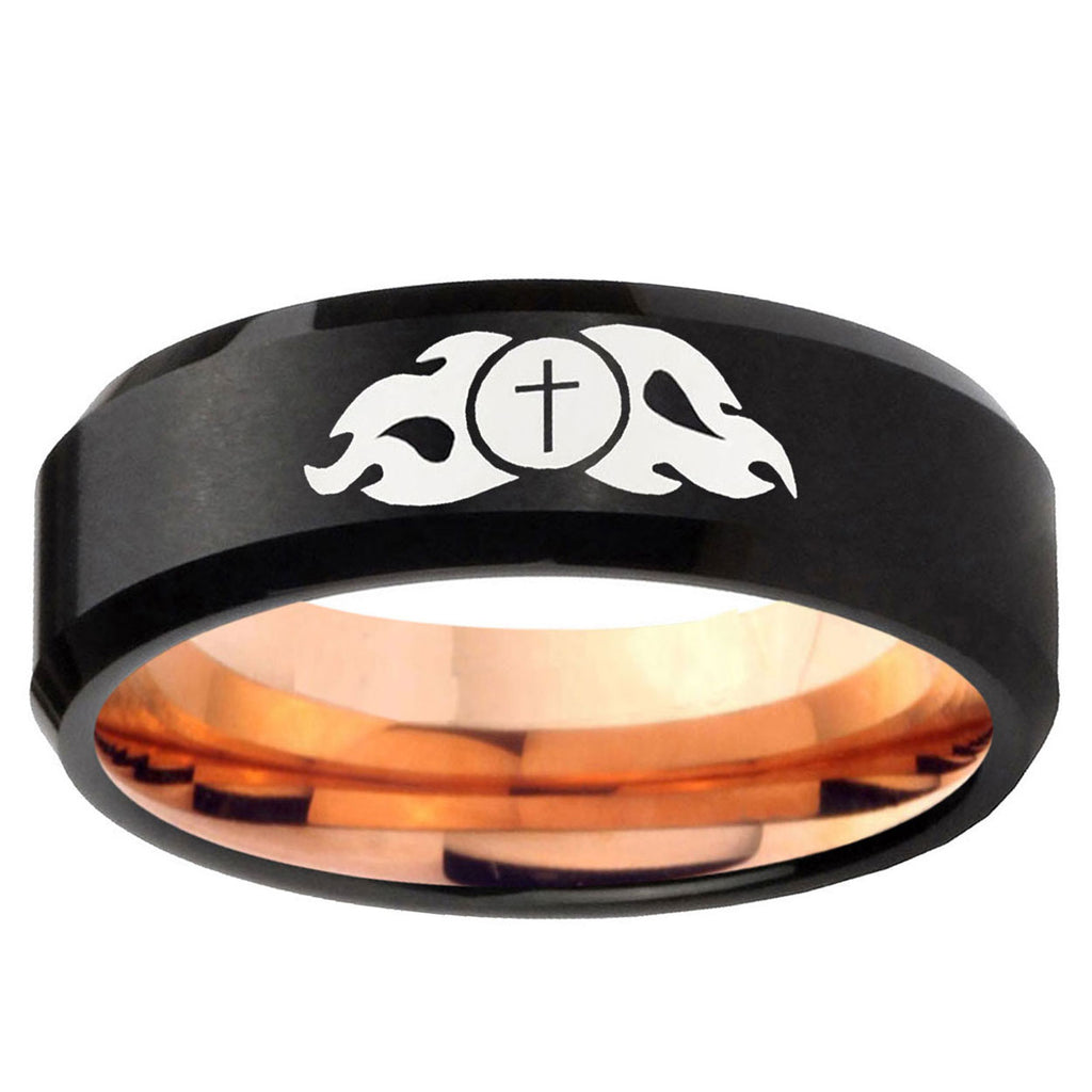 5mm Flamed Cross Two-Tone Beveled Black Rose Gold Tungsten Band