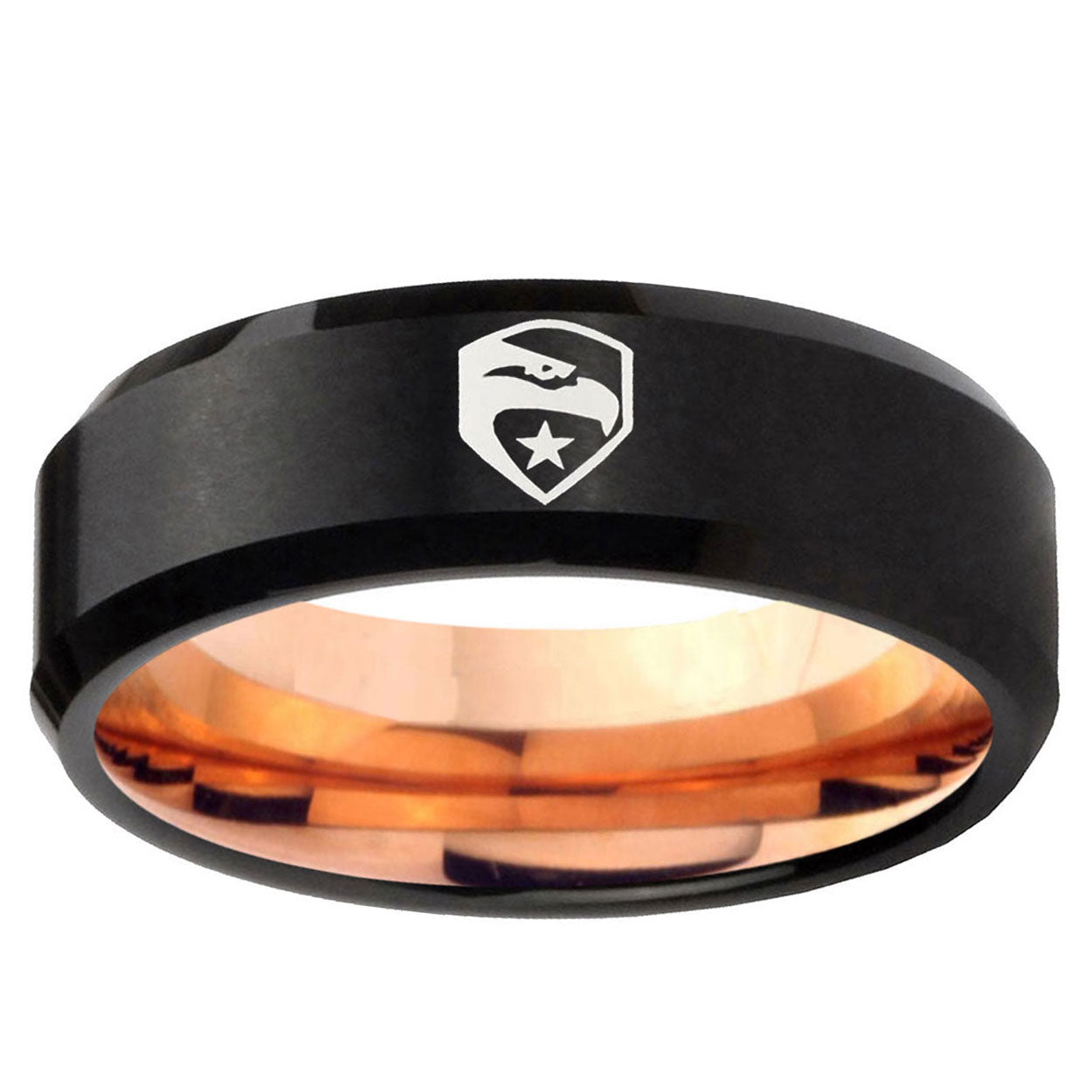 5mm GIa Joe Eagle Two-Tone Beveled Black Rose Gold Tungsten Band