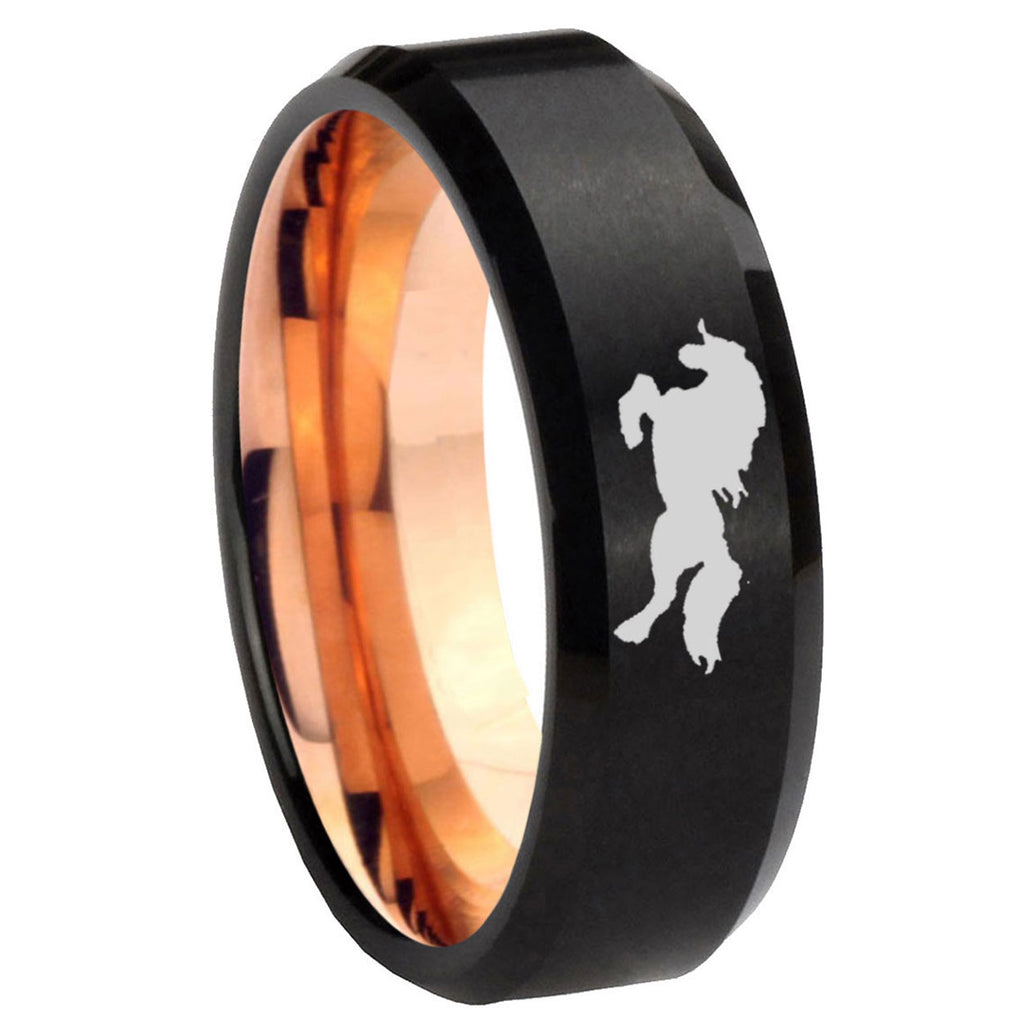 8mm Horse Two-Tone Beveled Black Rose Gold Tungsten Band