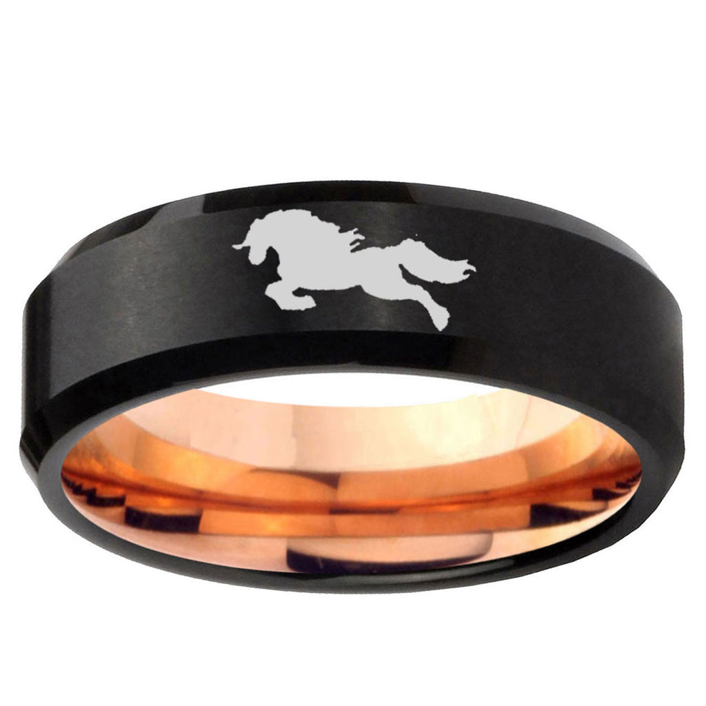 5mm Horse Two-Tone Beveled Black Rose Gold Tungsten Band