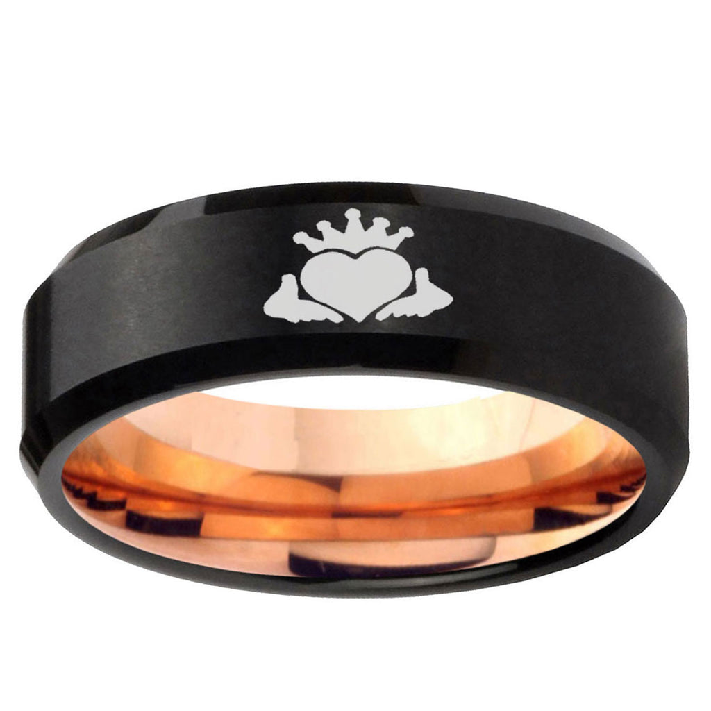 5mm Claddagh Design Two-Tone Beveled Black Rose Gold Tungsten Band