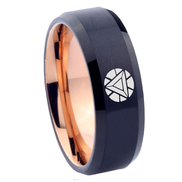 8mm Iron Man Art Reactor Beveled Edge Rose Gold Black Tungsten Mens Wedding Bands