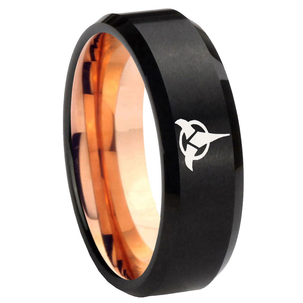 8mm Klingon Two-Tone Beveled Black Rose Gold Tungsten Band