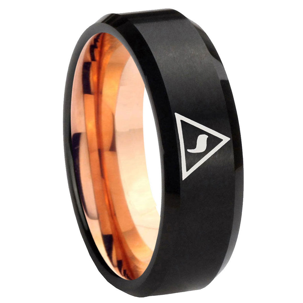 8mm Masonic Yod Two-Tone Beveled Black Rose Gold Tungsten Band