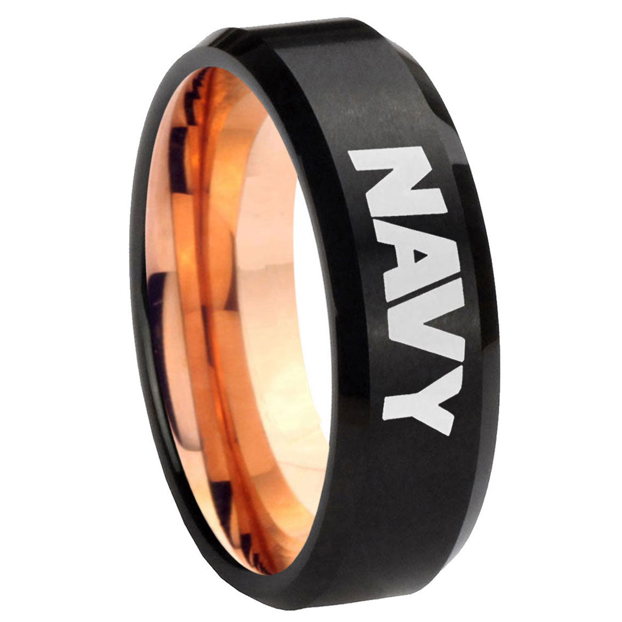 8mm Navy Two-Tone Beveled Black Rose Gold Tungsten Band