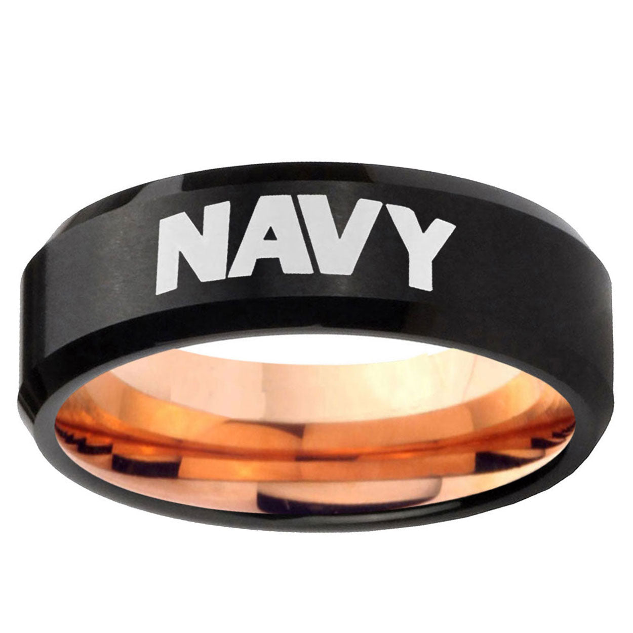 5mm Navy Two-Tone Beveled Black Rose Gold Tungsten Band