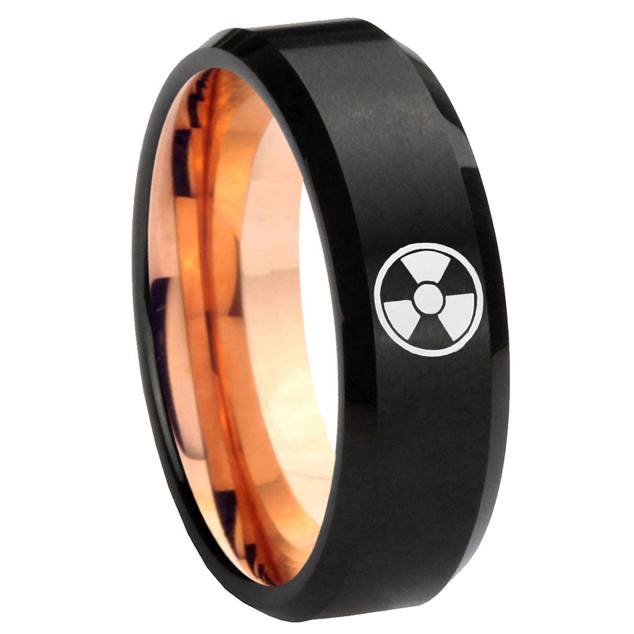 8mm Radiation Two-Tone Beveled Black Rose Gold Tungsten Band