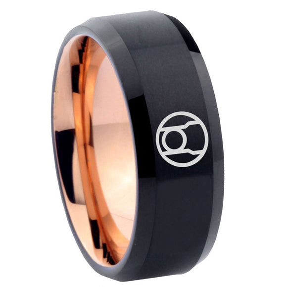 8mm Red Lantern Beveled Edge Rose Gold Black Mens Engraved Rings