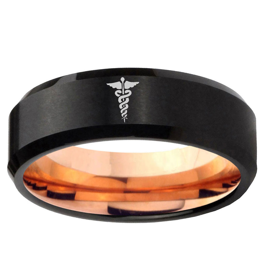 5mm Medical Symbol Two-Tone Beveled Black Rose Gold Tungsten Band