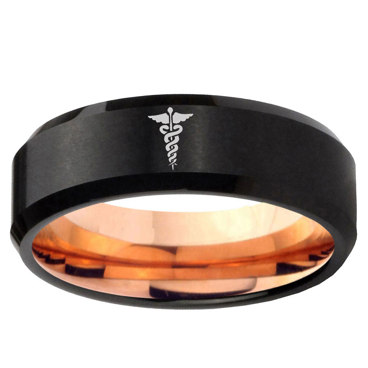 5mm Medical Symbol Two-Tone Beveled Black Rose Gold Tungsten Band
