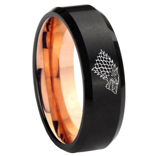 10mm Game Of Thrones House Stark Direwolf Bevel Tungsten Rose Gold Mens Wedding Band