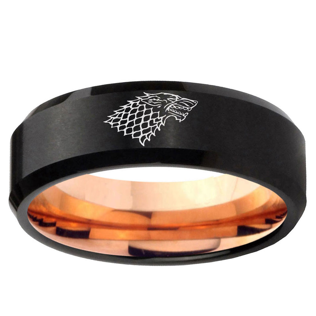 10mm Game Of Thrones House Stark Direwolf Bevel Tungsten Rose Gold Mens Wedding Band