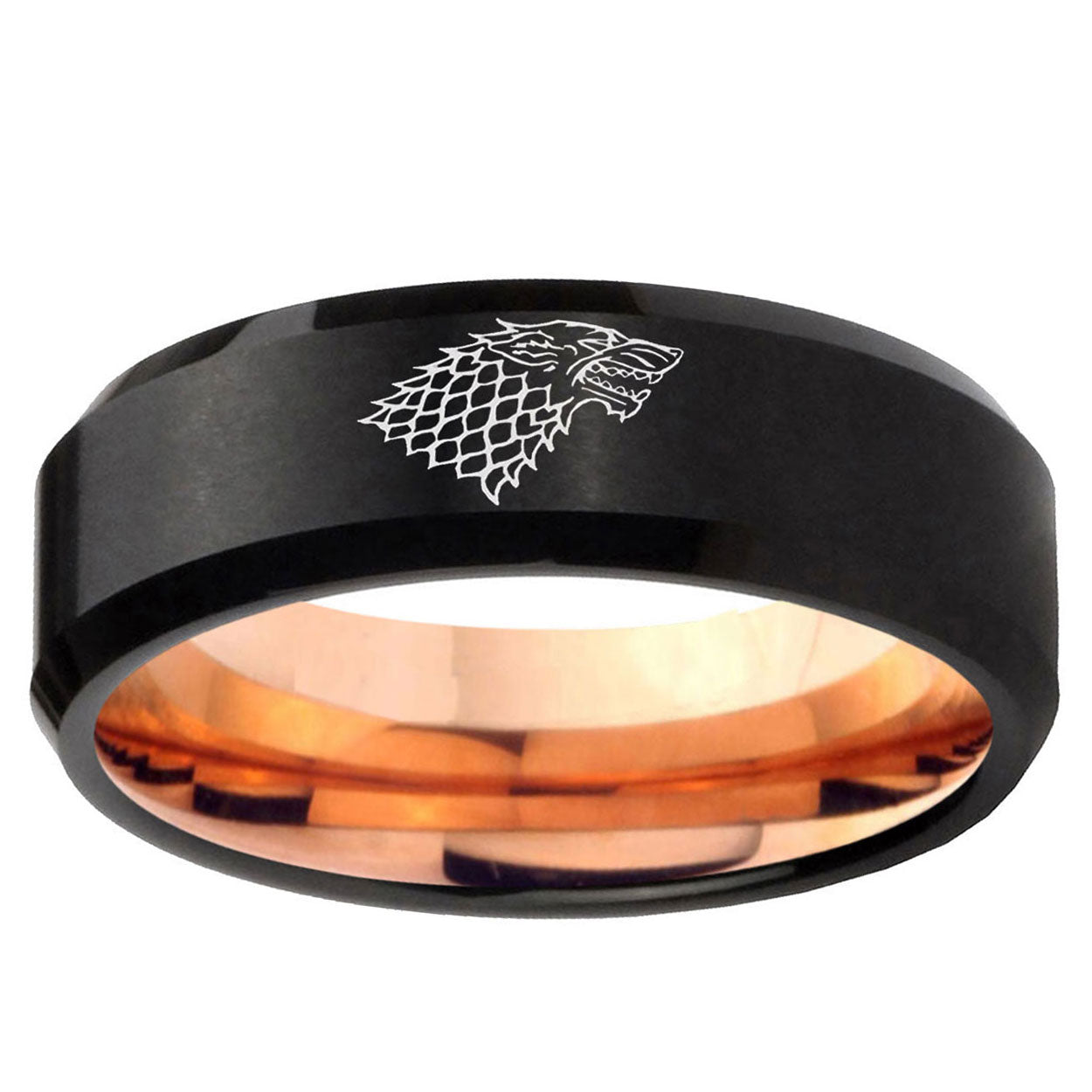 10mm Game Of Thrones House Stark Direwolf Bevel Tungsten Rose Gold Mens Wedding Band