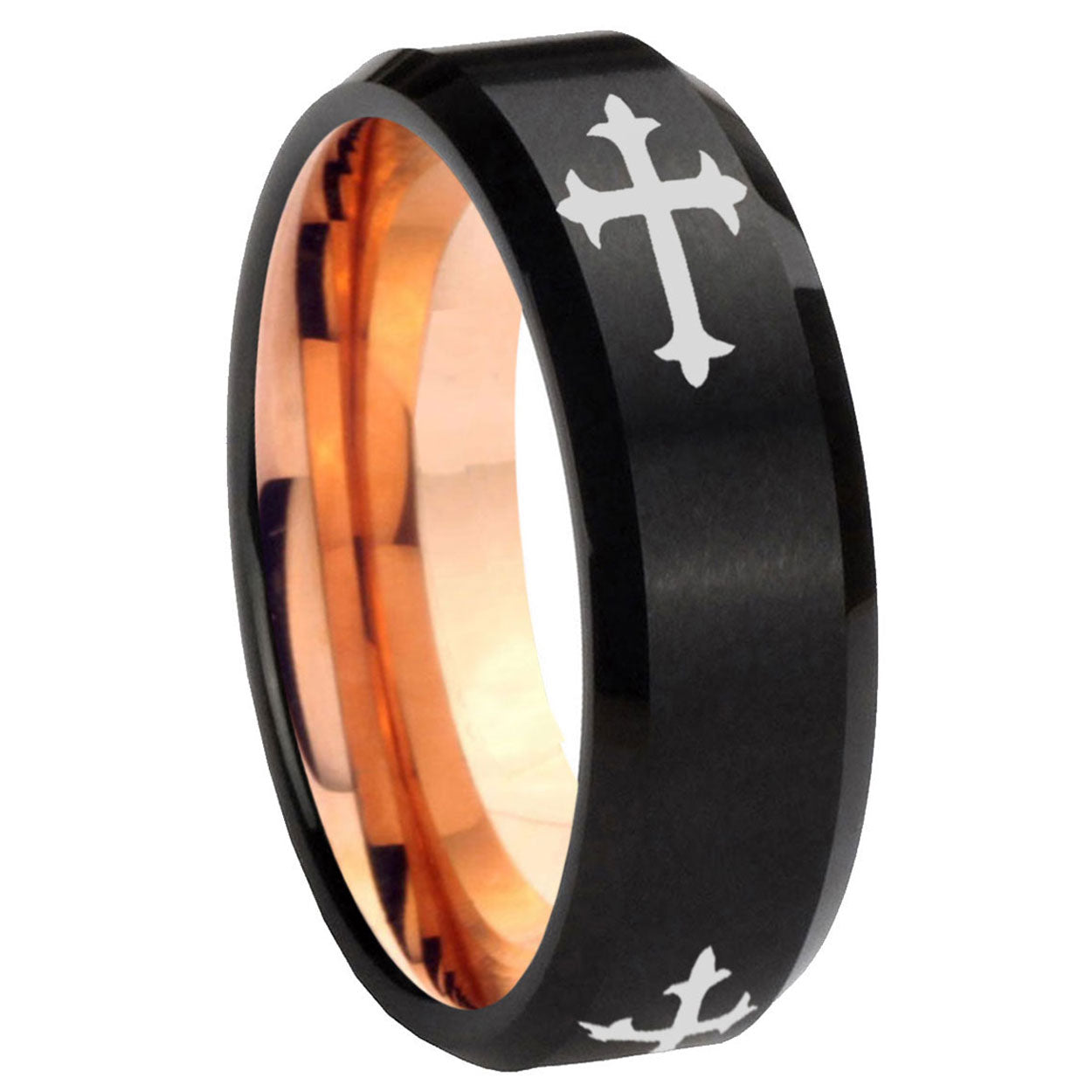 8mm Christian Cross Religious Two-Tone Beveled Black Rose Gold Tungsten Band