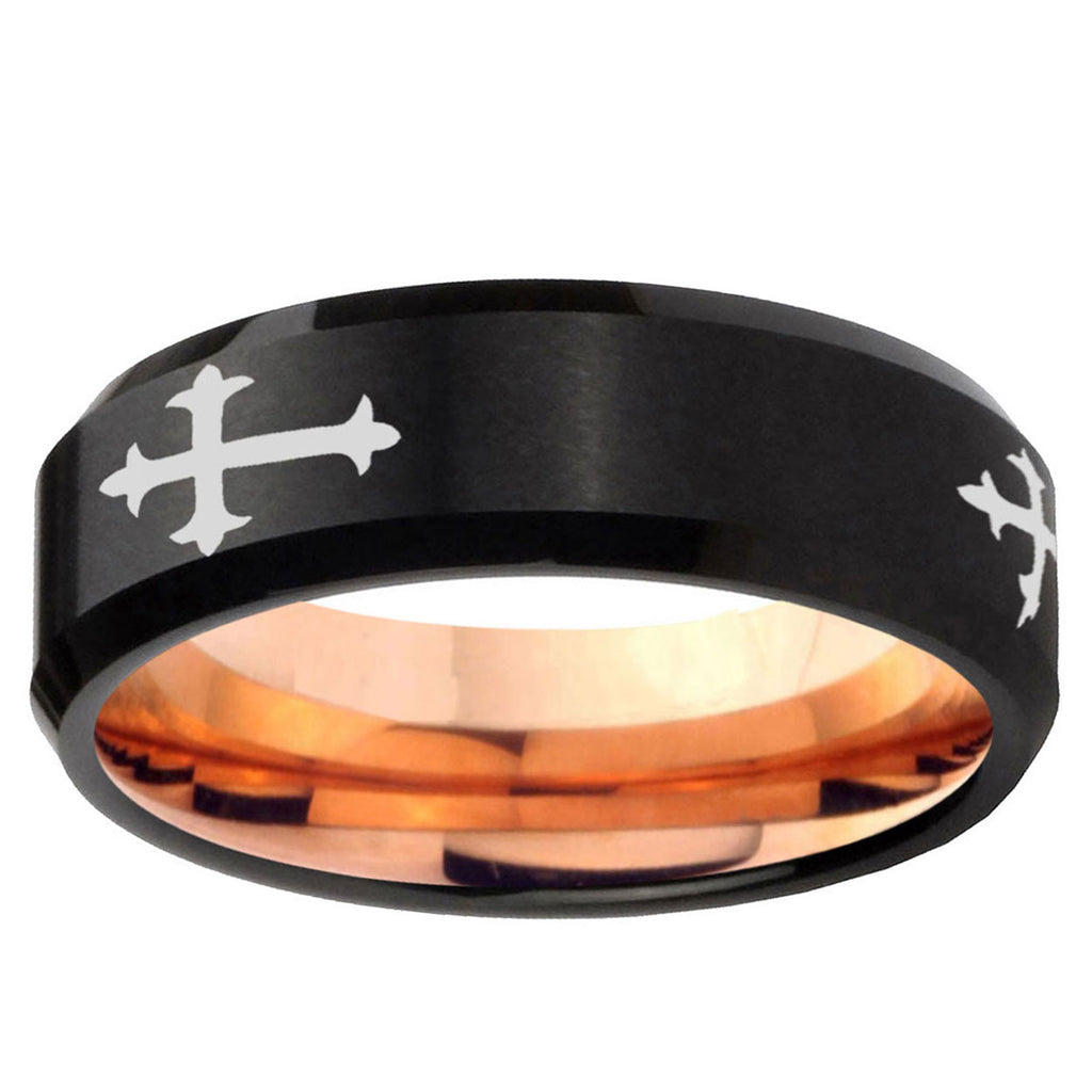 5mm Christian Cross Religious Two-Tone Beveled Black Rose Gold Tungsten Band