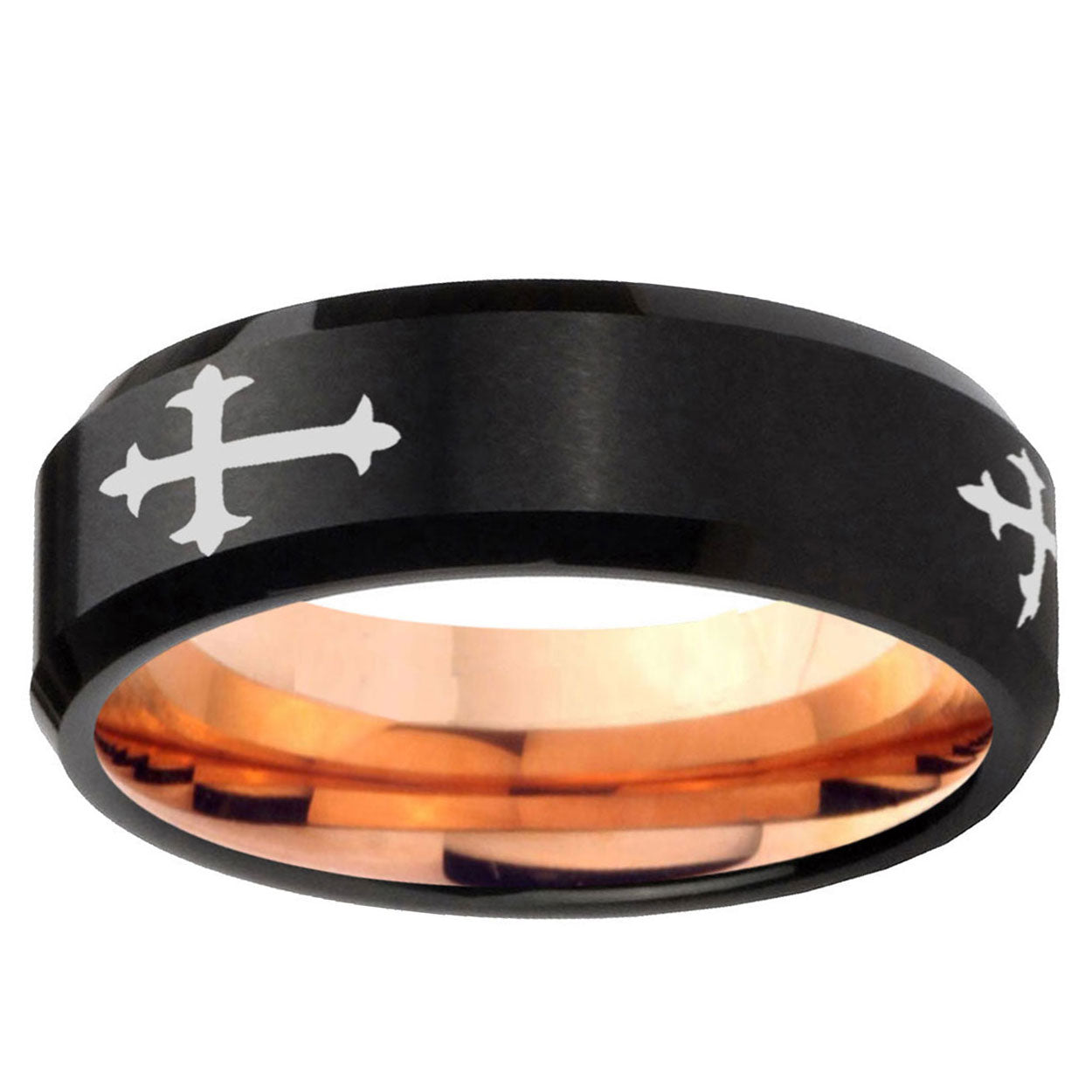 5mm Christian Cross Religious Two-Tone Beveled Black Rose Gold Tungsten Band