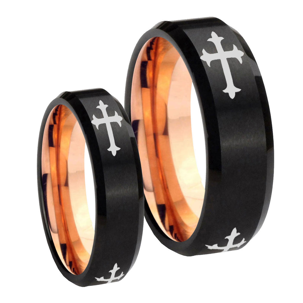 Christian Cross Religious Bevel Rose Gold Tungsten His And Hers Ring