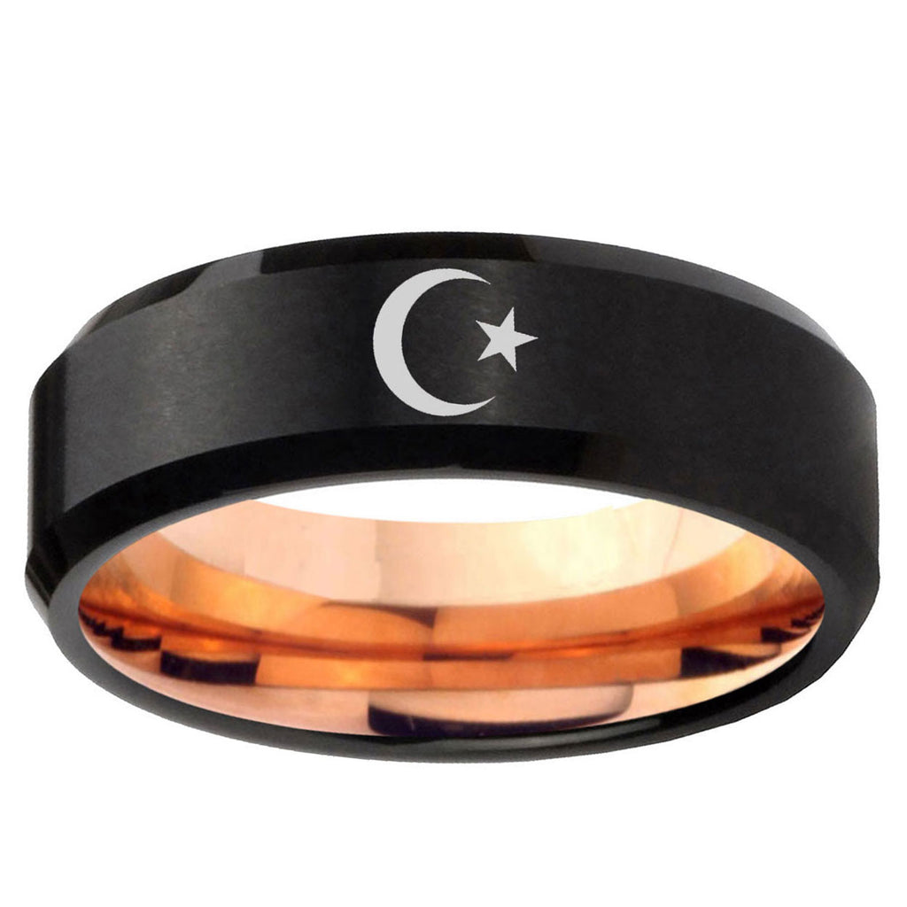 10mm Crescent Moon Stars Bevel Tungsten Rose Gold Mens Wedding Band