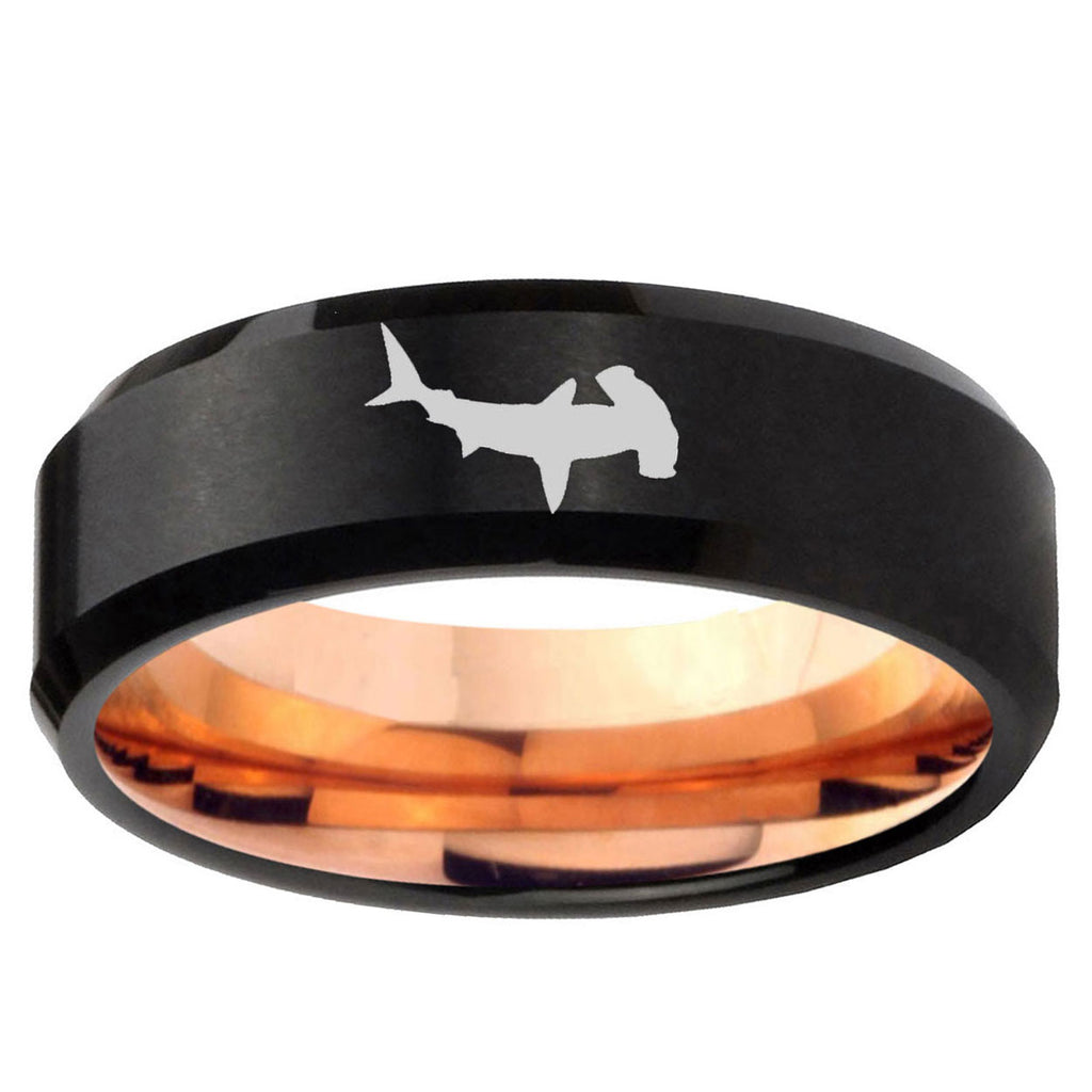 10mm Hammerhead Shark Bevel Tungsten Rose Gold Mens Wedding Band