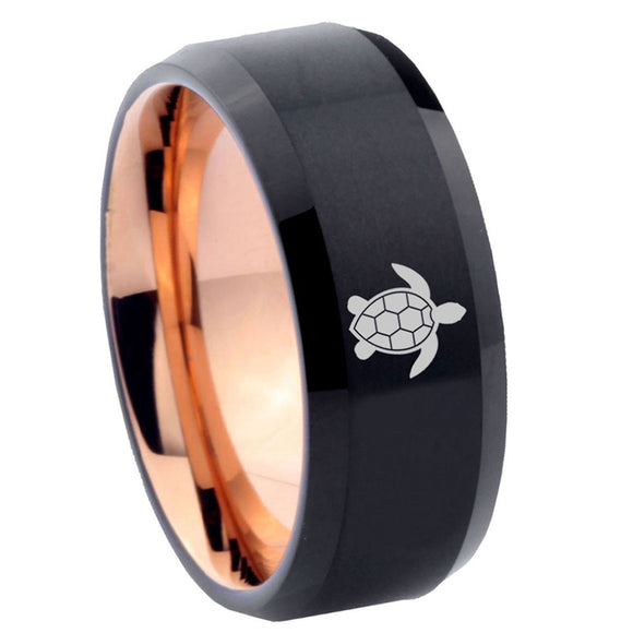 8mm Sea Turtle Beveled Edge Rose Gold Black Men's Engraved Rings