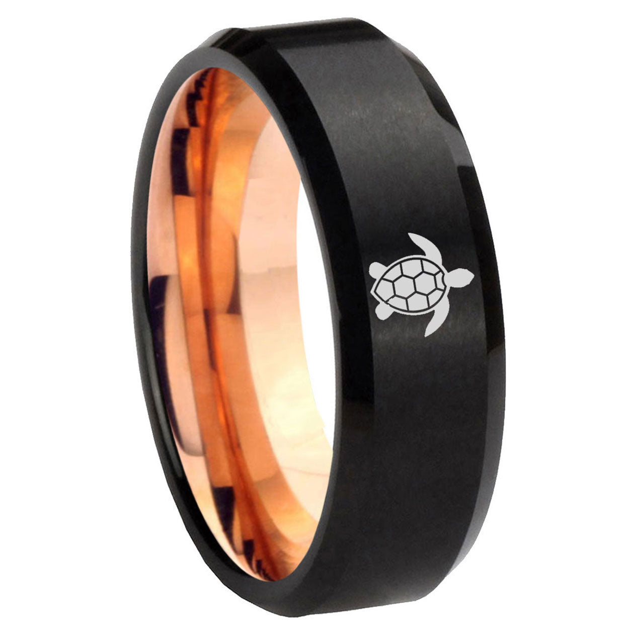 8mm Sea Turtle Two-Tone Beveled Black Rose Gold Tungsten Band