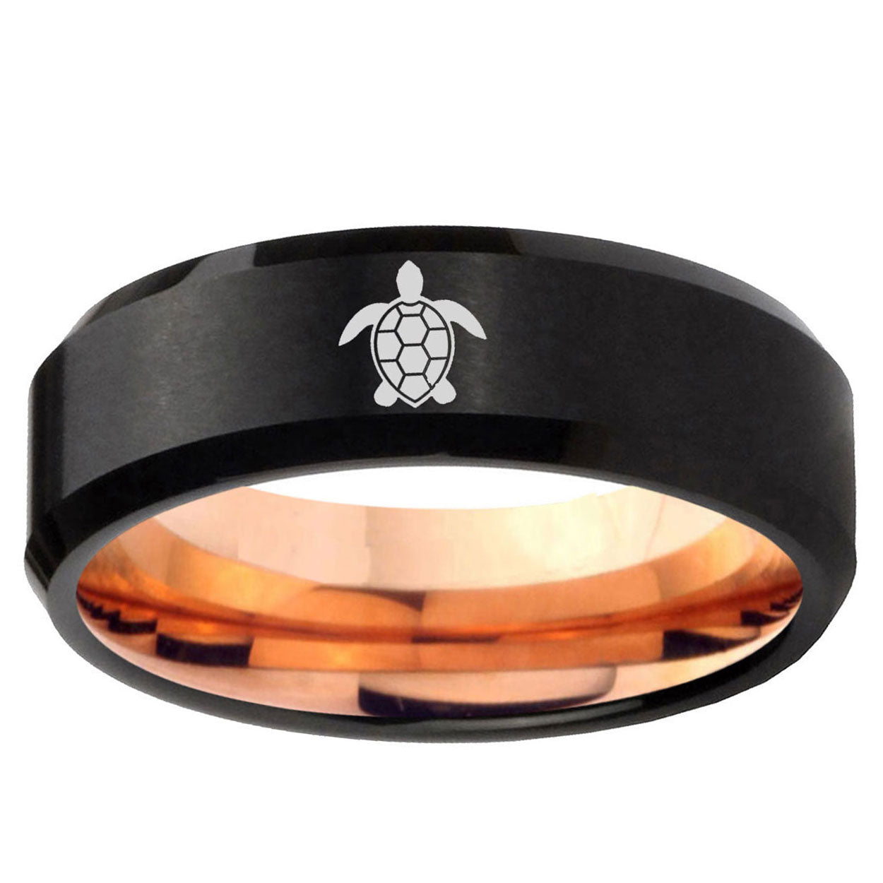 5mm Sea Turtle Two-Tone Beveled Black Rose Gold Tungsten Band