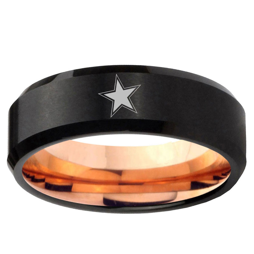 10mm Cowboys Star Bevel Tungsten Rose Gold Mens Wedding Band