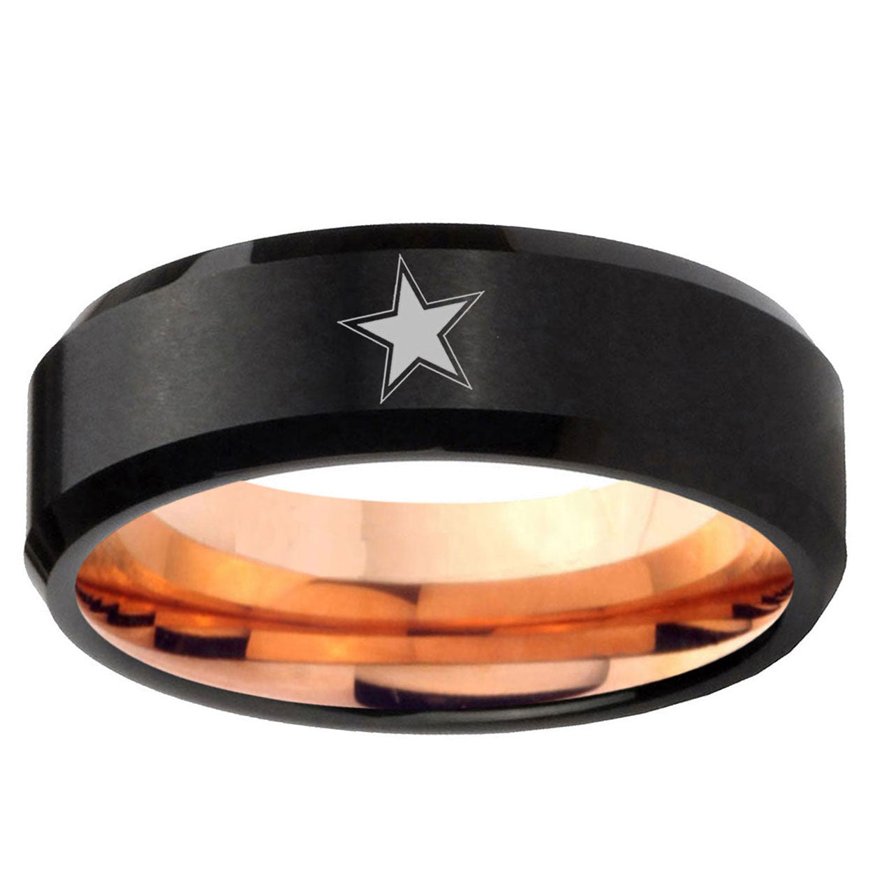 10mm Cowboys Star Bevel Tungsten Rose Gold Mens Wedding Band