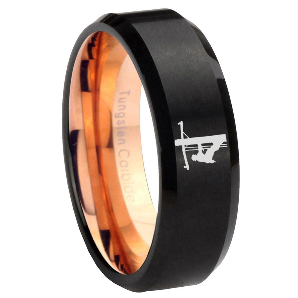 8mm Lineman Symbol Two-Tone Beveled Black Rose Gold Tungsten Band