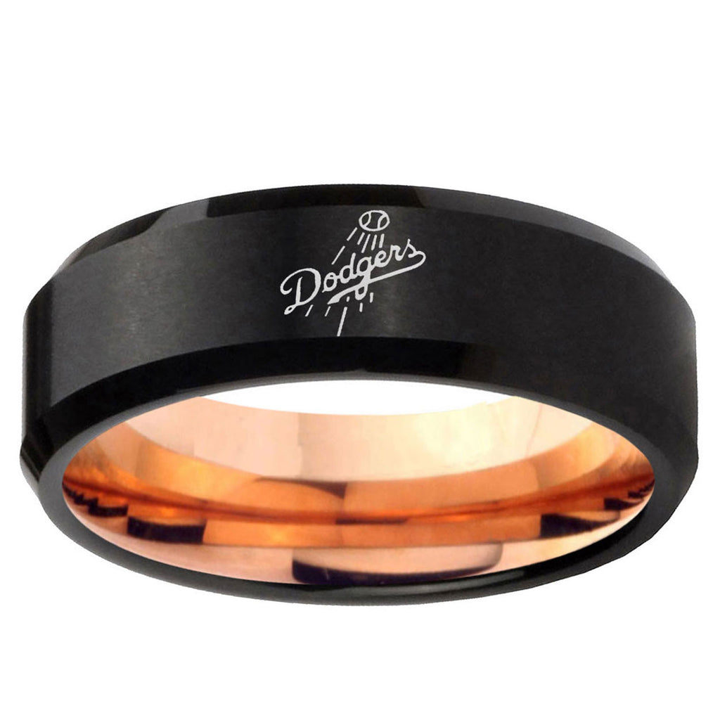 5mm LA Dogers MLB Baseball Two-Tone Beveled Black Rose Gold Tungsten Band