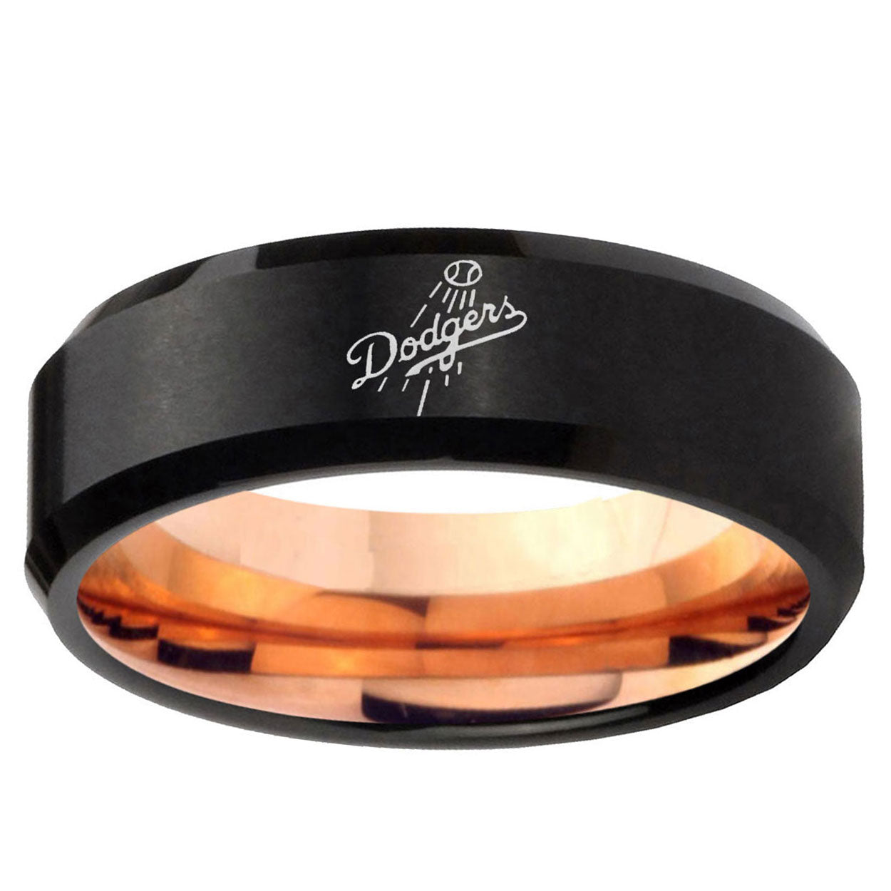 5mm LA Dogers MLB Baseball Two-Tone Beveled Black Rose Gold Tungsten Band