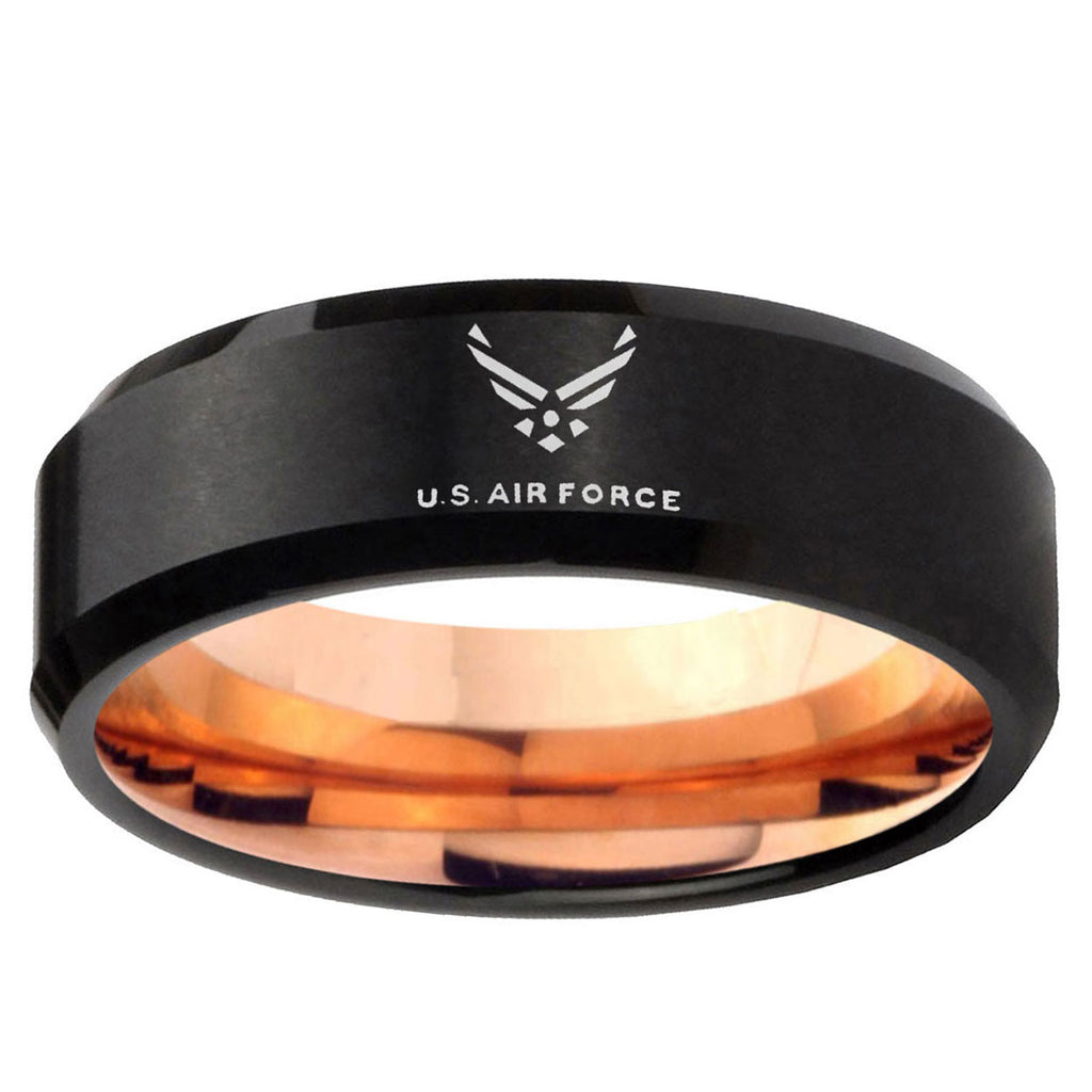 10mm US Air Force Bevel Tungsten Carbide Rose Gold Promise Ring