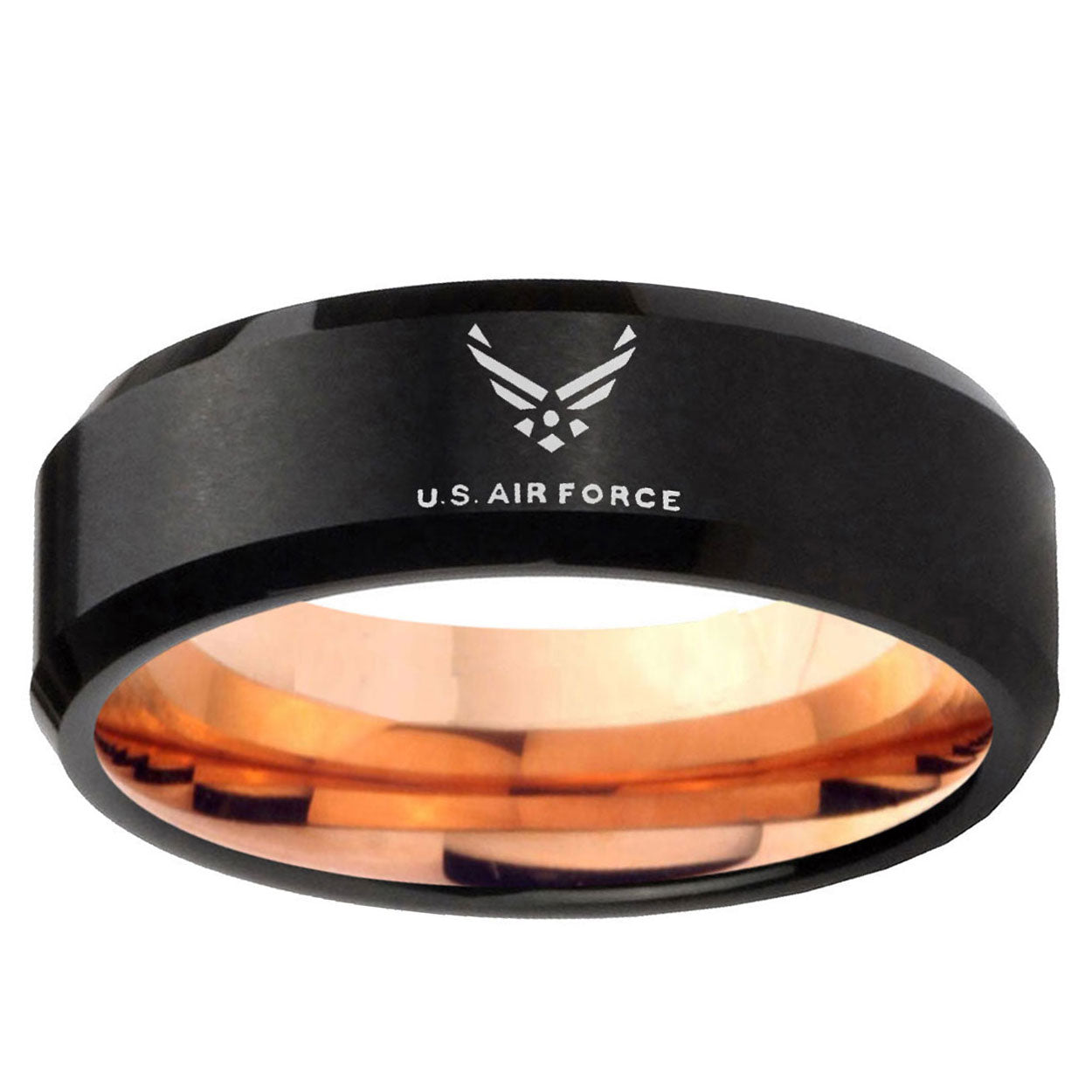 10mm US Air Force Bevel Tungsten Carbide Rose Gold Promise Ring
