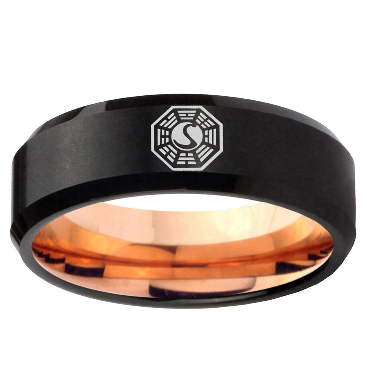5mm Lost Dharma Two-Tone Beveled Black Rose Gold Tungsten Band