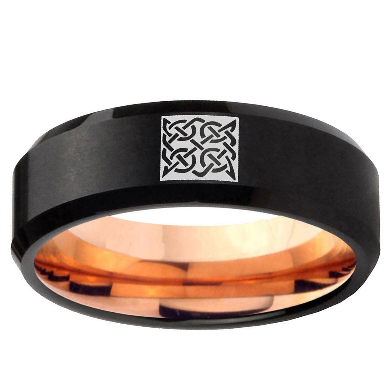 5mm Celtic Design Two-Tone Beveled Black Rose Gold Tungsten Band