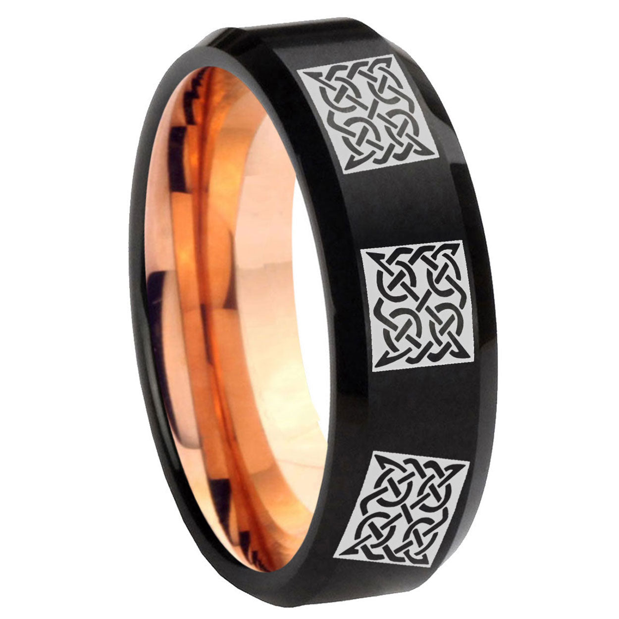 8mm Multiple Celtic Two-Tone Beveled Black Rose Gold Tungsten Band