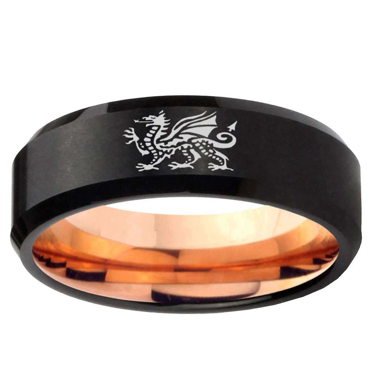5mm Dragon Two-Tone Beveled Black Rose Gold Tungsten Band